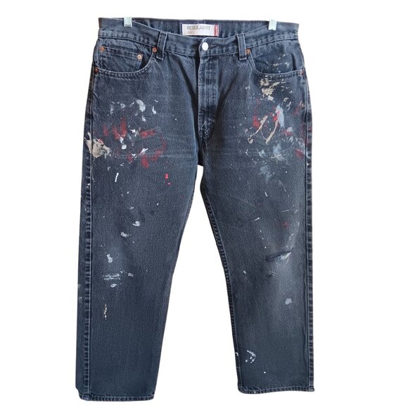 Levis 505 Black Regular Fit Paint Splatter Mens Jeans W36 L30